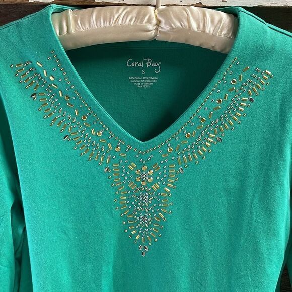 Coral Bay Embellished Blouse Top Vneck, Green , Size Small - Picture 3 of 6